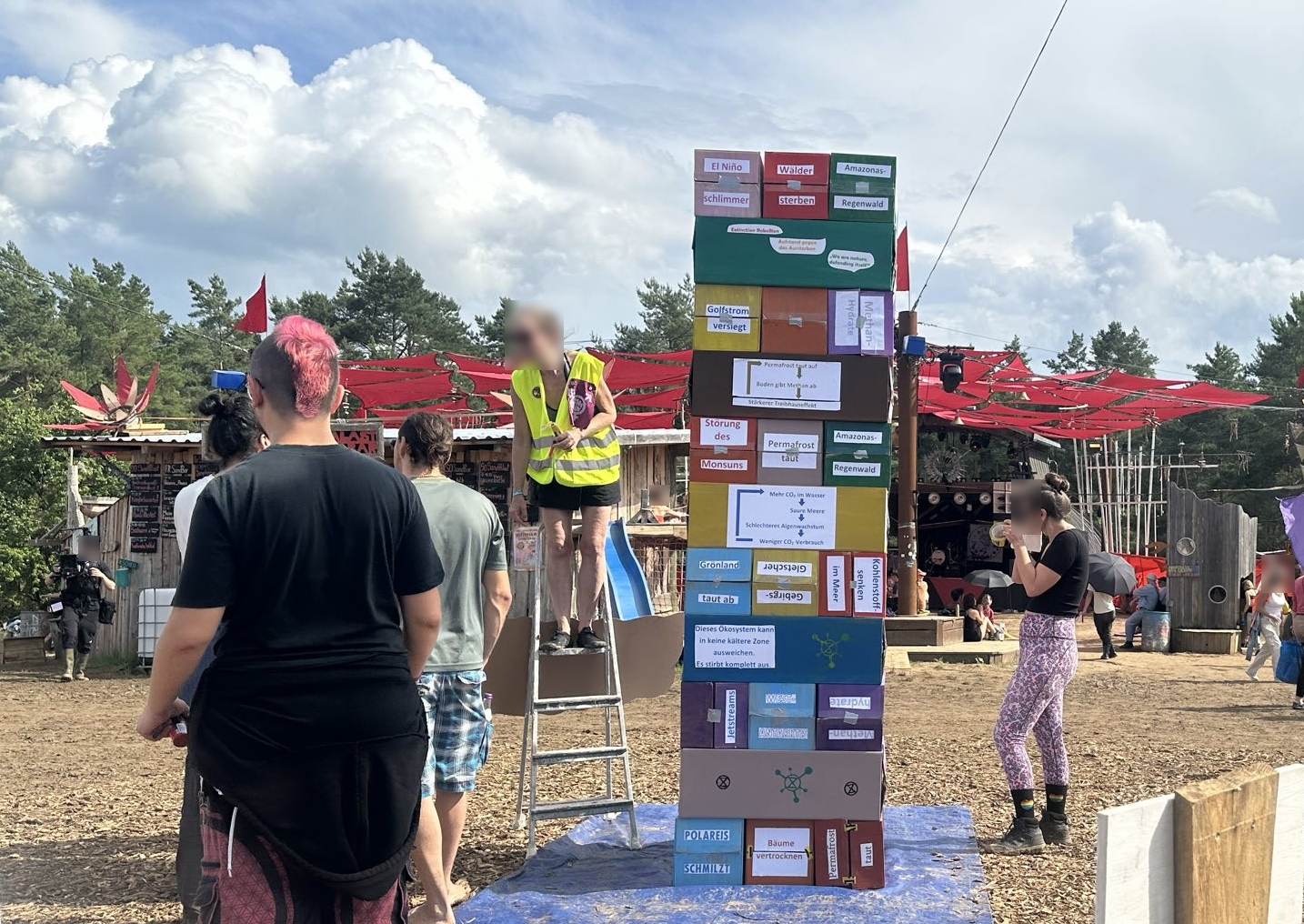 Ein ca. 3m hoher Turm aus Kartons, die mit verschiedenen Auslösern des Klimawandels beklebt sind. Man kann sie herausziehen und so den Turm destabilisieren